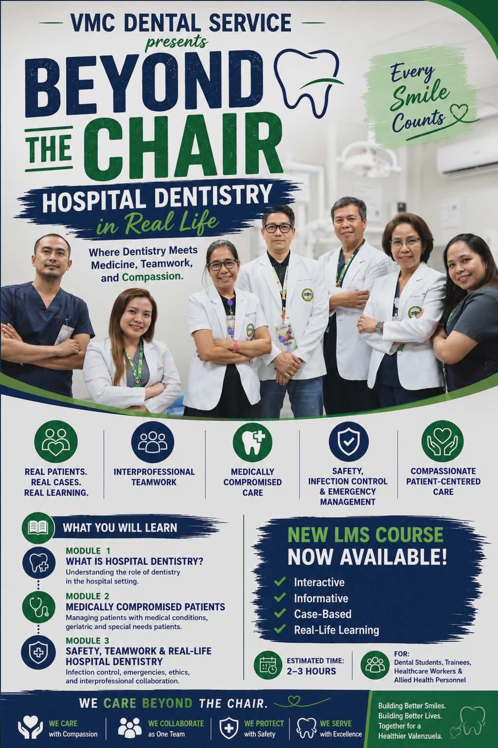 A professional promotional poster for the  Dental Service “Beyond the Chair: Hospital Dentistry in Real Life"